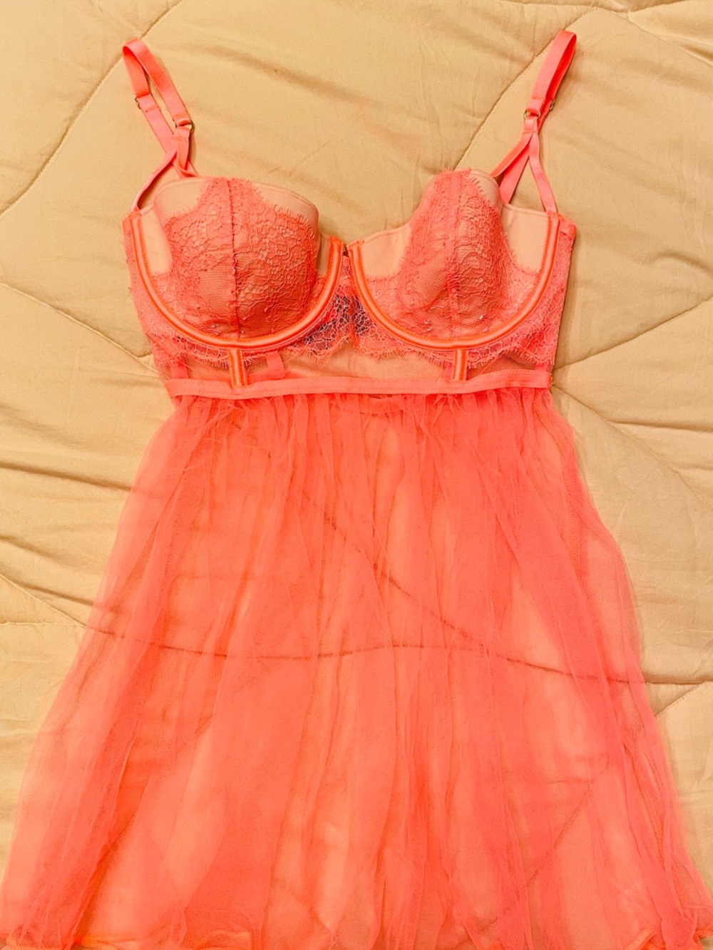 Victoria's Secret Coral Lace & Mesh Babydoll Chemise